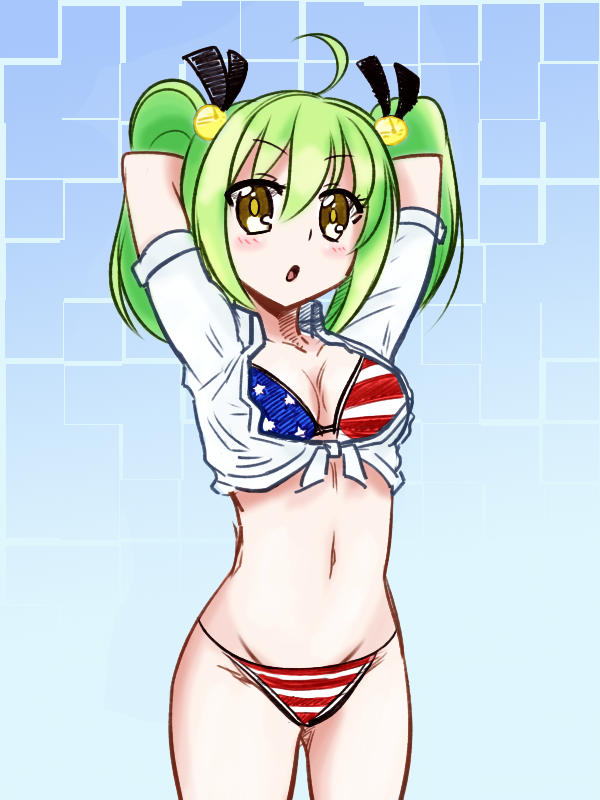 1girl american_flag_bikini bell bikini boa_(brianoa) breasts brown_eyes colorized flag_print gj-bu green_hair hair_ornament kannazuki_tamaki long_hair looking_at_viewer navel open_mouth solo swimsuit