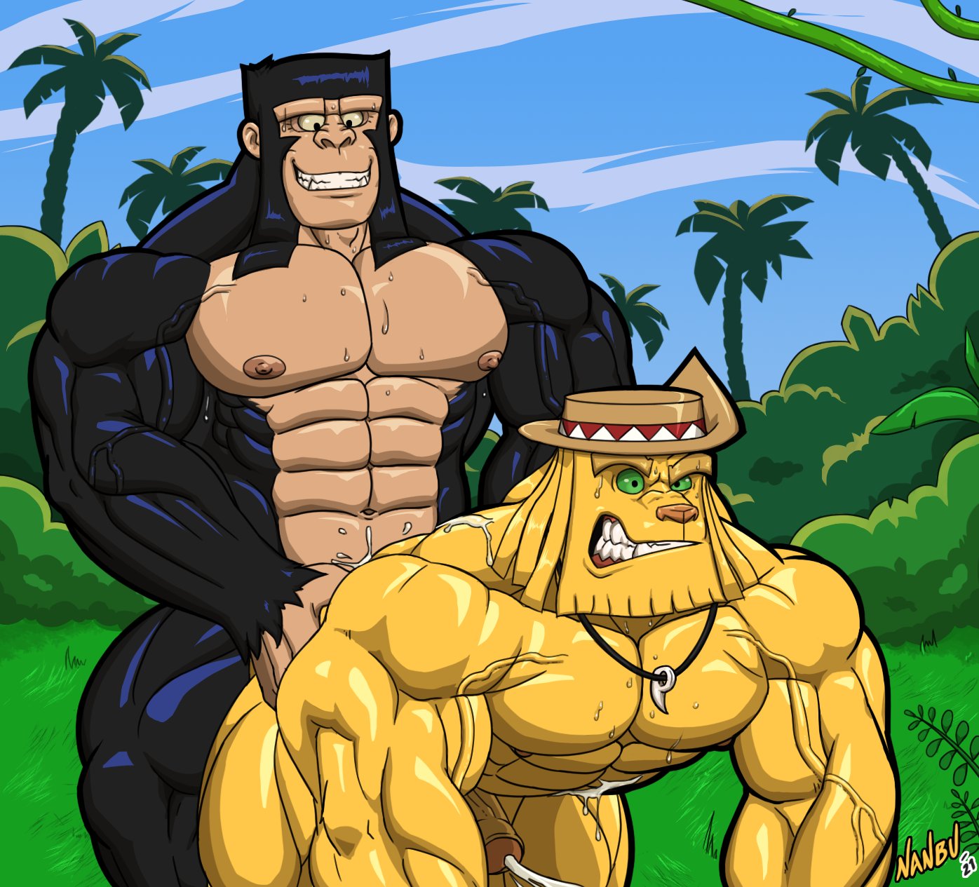 2021 abs alien all_fours anthro anthro_on_anthro anthro_penetrated anthro_penetrating anthro_penetrating_anthro ape big_muscles bodily_fluids cartoon_network clenched_teeth clothing cum cum_in_ass cum_inside cum_on_partner cum_on_self cum_on_shoulder cum_on_stomach cum_splatter cum_while_penetrated dexter's_laboratory dial_m_for_monkey doggystyle duo ejaculation erection felid foreskin from_behind_position genital_fluids genitals haplorhine hat headgear headwear hi_res humanoid_genitalia humanoid_penis huntor jewelry lion male male/male male_penetrated male_penetrating male_penetrating_male mammal muscular muscular_anthro muscular_male nanbuskhan navel necklace nipples nude outside pantherine pecs penetration penis primate sex simion smile sweat teeth triceps uncut vein veiny_muscles