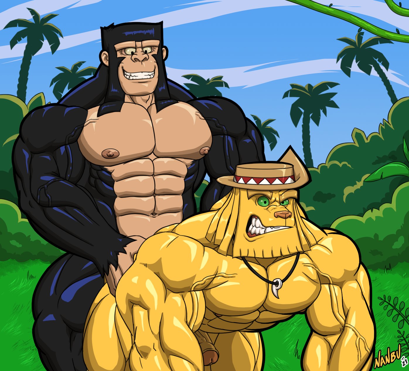 2021 abs alien all_fours anthro anthro_on_anthro anthro_penetrated anthro_penetrating anthro_penetrating_anthro ape big_muscles cartoon_network clenched_teeth clothing dexter's_laboratory dial_m_for_monkey doggystyle duo erection felid foreskin from_behind_position genitals haplorhine hat headgear headwear hi_res humanoid_genitalia humanoid_penis huntor jewelry lion male male/male male_penetrated male_penetrating male_penetrating_male mammal muscular muscular_anthro muscular_male nanbuskhan navel necklace nipples nude outside pantherine pecs penetration penis primate sex simion smile teeth triceps uncut vein veiny_muscles