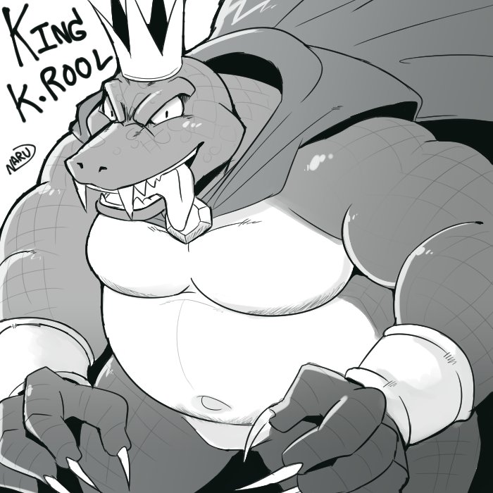 1:1 2018 4_fingers anthro belly biceps big_belly biped bottomless bracelet cape cape_only character_name claws clothed clothing crocodile crocodilian crocodylid crown donkey_kong_(series) fangs featureless_crotch finger_claws fingers front_view greyscale jewelry king king_k._rool kremling looking_at_viewer male monochrome mostly_nude musclegut muscular muscular_anthro muscular_male naruevernett nintendo open_mouth open_smile overweight overweight_anthro overweight_male pecs plantigrade portrait reptile royalty scales scalie sharp_teeth signature simple_background smile solo standing teeth thick_thighs three-quarter_portrait tongue tongue_out video_games white_background