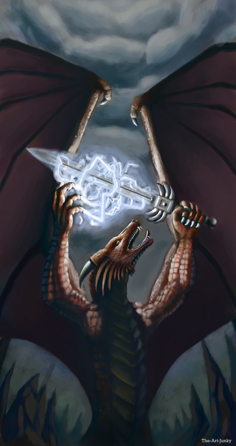 2012 anthro claws digital_media_(artwork) digital_painting_(artwork) dragon energy hi_res horn lightning looking_away looking_up magic magic_user melee_weapon membrane_(anatomy) membranous_wings outside power roaring scales scalie solo solo_focus sword the-art-junky weapon wings yellow_eyes