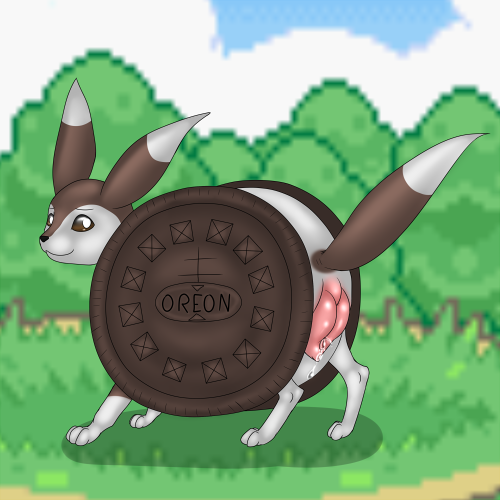 1:1 :3 animal_genitalia animal_pussy bodily_fluids brown_body brown_eyes brown_skin canine_pussy cloud cookie eeveelution fak&eacute;mon female feral food food_creature genital_fluids genitals grass looking_back low_res nintendo oreo_(food) oreon plant pok&eacute;mon pok&eacute;mon_clover pussy pussy_juice screencap screencap_background sky tree vaginal video_games white_body white_skin wolfforhire