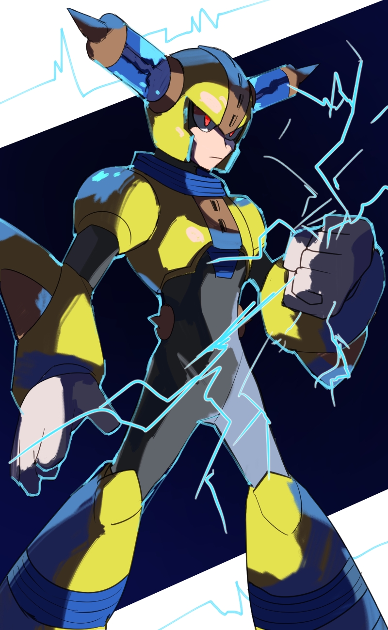 1boy armor black_bodysuit blue_background bodysuit breastplate cardiogram chikichi clenched_hand closed_mouth commentary electricity english_commentary fuse_man gloves hand_up helmet highres legs_apart male_focus mixed-language_commentary red_eyes rockman rockman_11 shoulder_armor simple_background solo standing vambraces white_gloves yellow_headwear