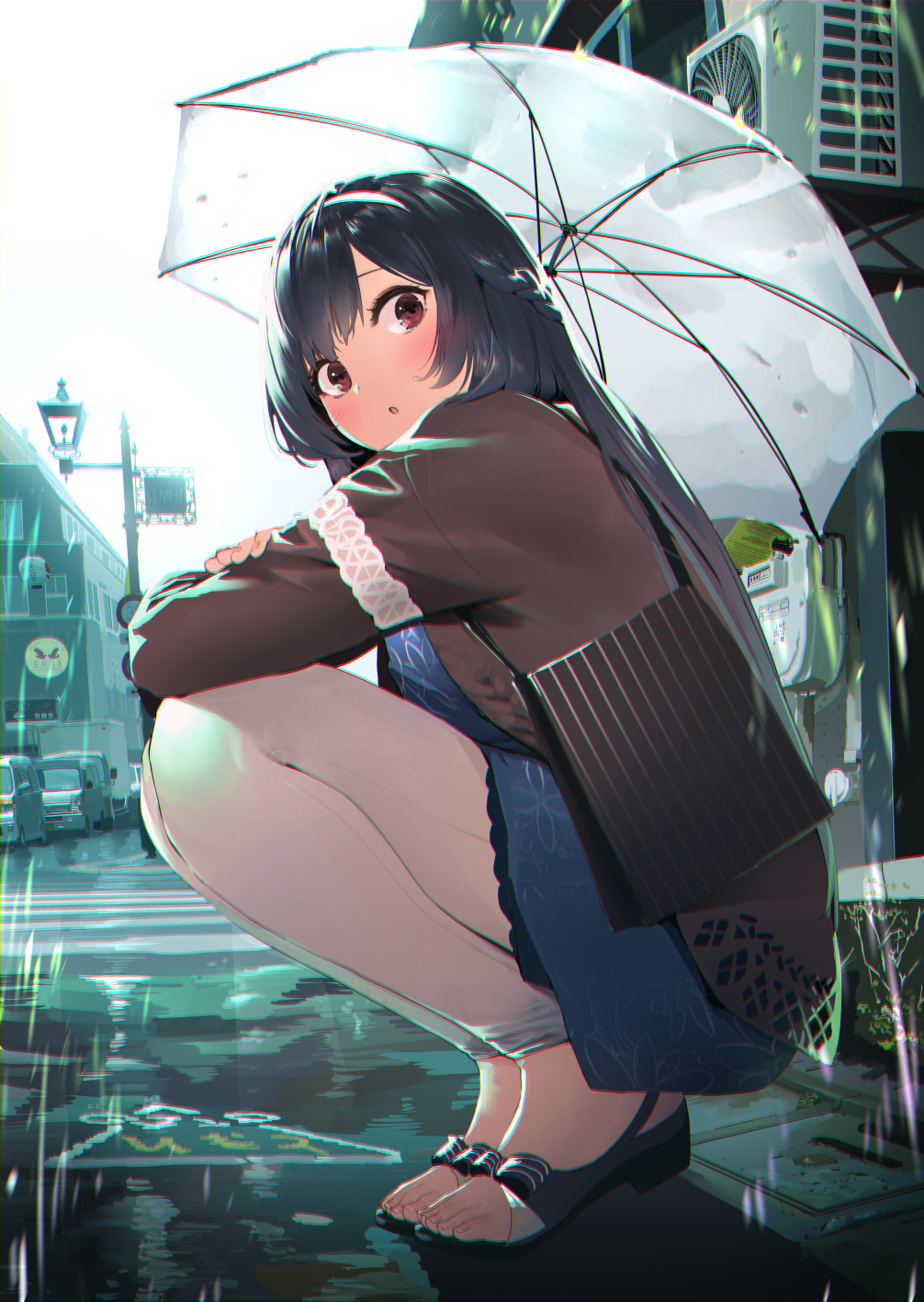 1girl :o bag bangs black_footwear black_hair blue_dress blush braid brown_jacket city commentary_request dress fingernails furukawa_itsuse hairband highres holding holding_umbrella jacket long_hair long_sleeves looking_at_viewer looking_to_the_side open_clothes open_jacket original outdoors pants rain red_eyes road sandals shoulder_bag sidelocks solo squatting street toeless_footwear toenails toes umbrella white_pants