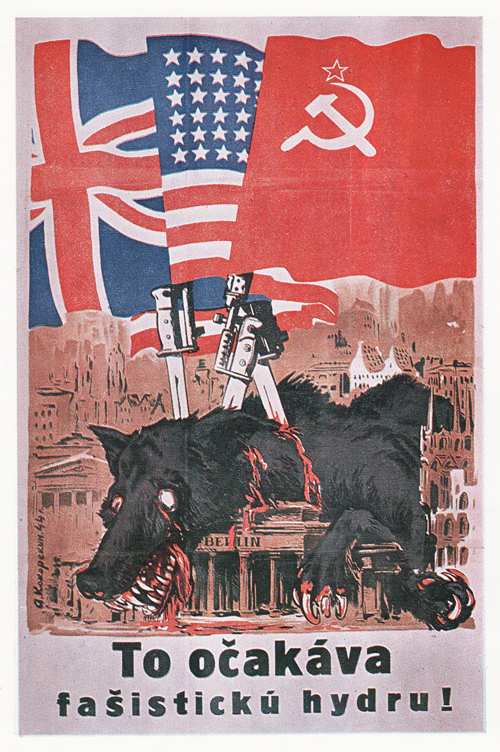 allies ambiguous_gender anthro bayonet blood bodily_fluids british_flag canid canine canis city cityscape claws dying historical hybrid hydra knife mammal nazi political_cartoon politics poster propaganda slovak slovak_text soviet_flag stab stars_and_stripes text united_states_of_america unknown_artist weapon wolf world world_war_2