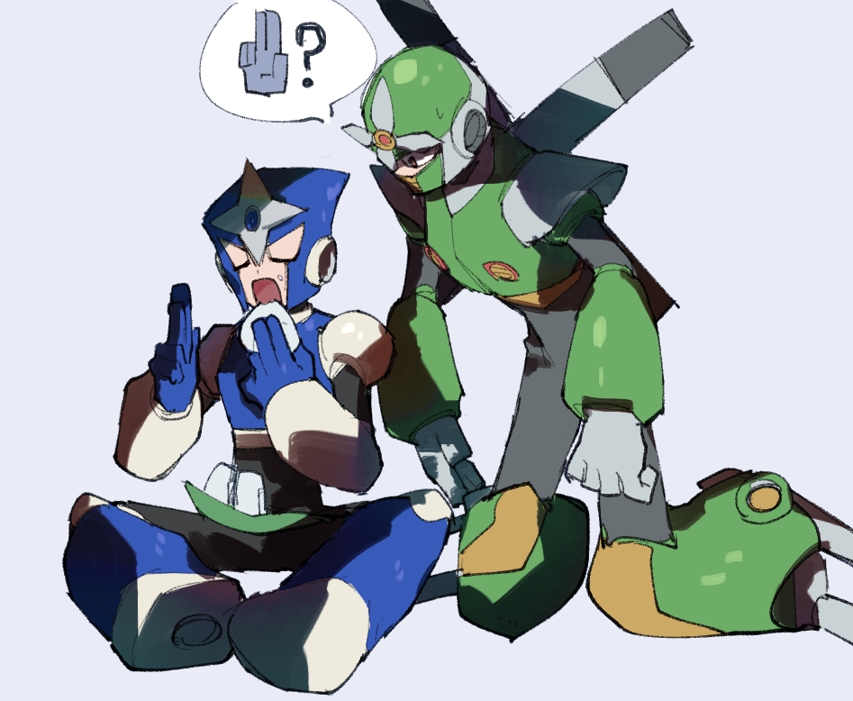 2boys ? armor black_bodysuit blue_background blue_footwear blue_gloves blue_headwear bodysuit boots breastplate chikichi closed_eyes commentary eating english_commentary food food_on_face full_body gloves green_footwear grey_gloves gyroman hands_up holding holding_food knee_boots knee_pads kneeling kuji-in leaning_forward looking_at_another looking_down male_focus mixed-language_commentary multiple_boys ninja onigiri orange_eyes propeller rice rice_on_face rockman rockman_3 rockman_5 shadowman shoulder_armor shuriken simple_background sitting sketch speech_bubble spread_legs sweat talking vambraces