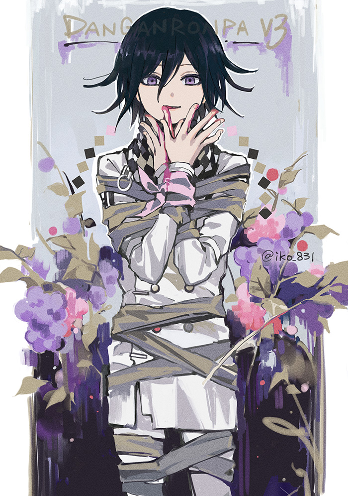 1boy bandages bangs black_hair blood bloody_hands border bound checkered checkered_neckwear checkered_scarf copyright_name cowboy_shot danganronpa_(series) danganronpa_v3:_killing_harmony double-breasted finger_to_mouth flower grey_jacket grey_pants hair_between_eyes hands_up iko_831 jacket long_sleeves looking_at_viewer male_focus ouma_kokichi pants parted_lips pink_blood pink_eyes pink_flower purple_eyes scarf short_hair smile solo tied_up white_border