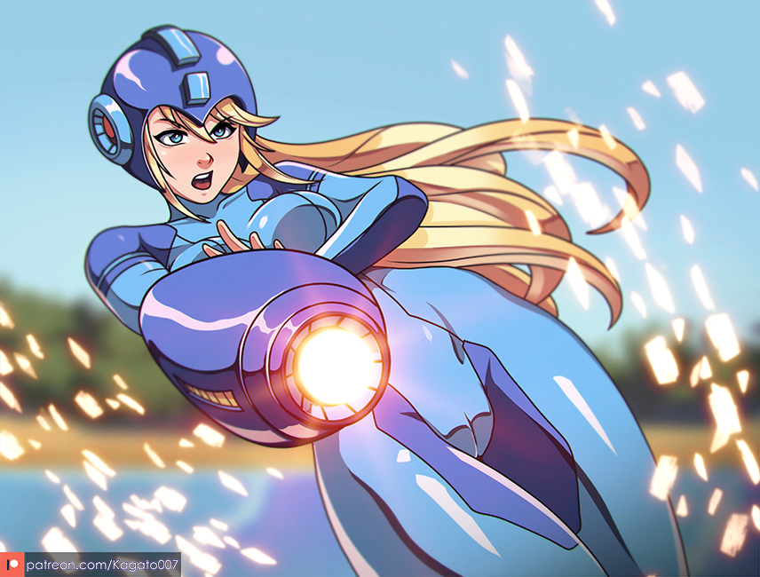 1girl arm_cannon blonde_hair blue_bodysuit blue_eyes bodysuit breasts cosplay crossover gun helmet kagato007sfw large_breasts long_hair looking_at_viewer medium_breasts metroid mole mole_under_mouth open_mouth ponytail rockman rockman_(character) rockman_(character)_(cosplay) rockman_(classic) samus_aran simple_background skin_tight solo super_smash_bros. weapon zero_suit