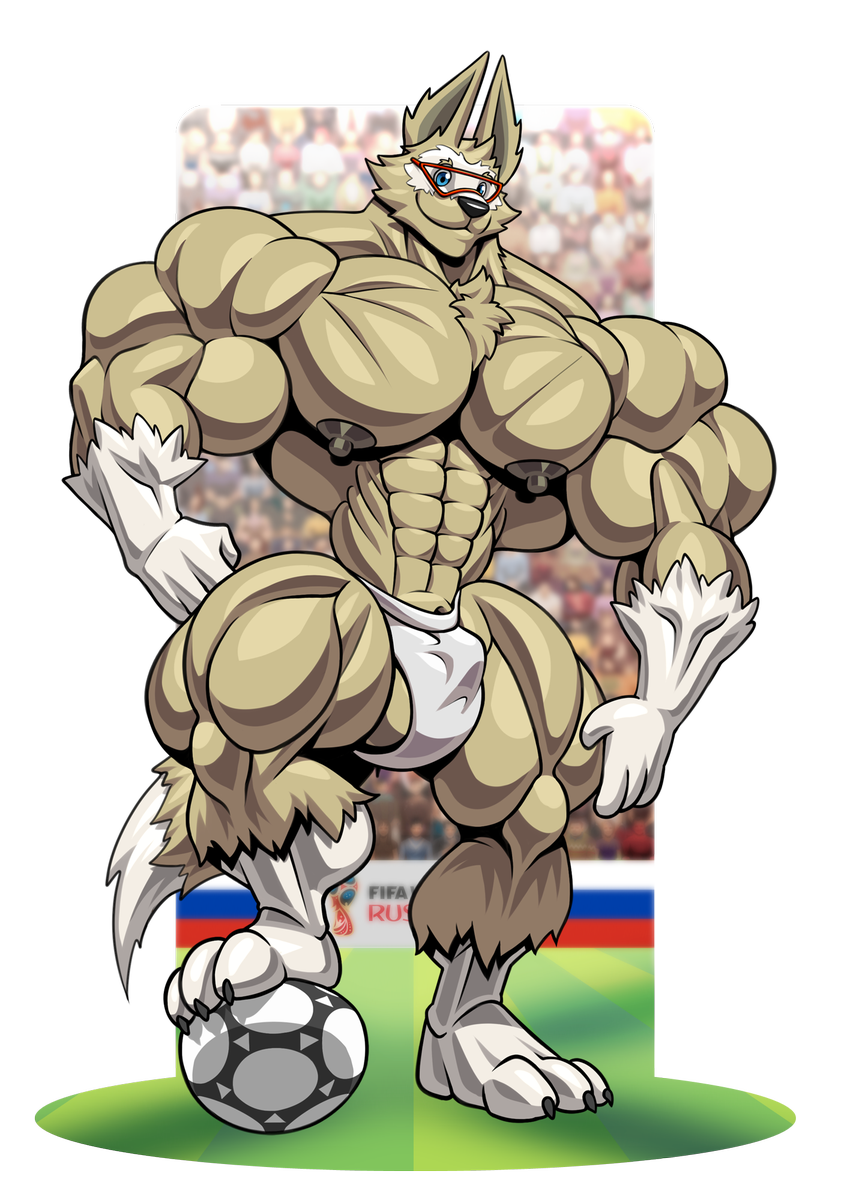 abs anthro ball big_muscles canid canine canis domestic_dog fifa hi_res huge_muscles male mammal mascot muscular muscular_anthro muscular_male soccer soccer_ball solo sport unknown_artist zabivaka