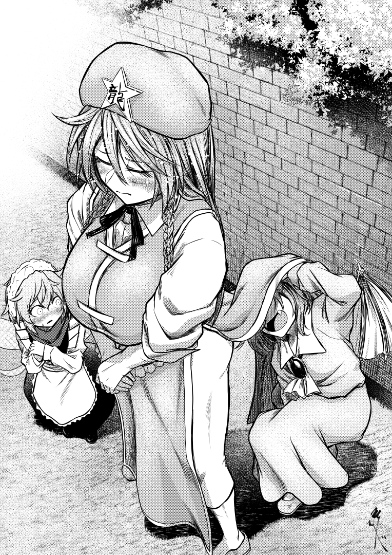 3girls apron bat_wings blouse blush braid breasts brick_wall brooch closed_eyes commentary_request constricted_pupils day embarrassed fairy_maid fairy_wings fangs female_pervert from_above grass greyscale hair_between_eyes hat hat_ornament height_difference hong_meiling huge_breasts jewelry koyubi_(littlefinger1988) leaning_to_the_side lifted_by_another long_hair long_skirt long_sleeves looking_at_another maid maid_headdress monochrome multiple_girls open_mouth outdoors own_hands_together pants pervert remilia_scarlet scar skirt smile squatting standing star_(symbol) star_hat_ornament touhou twin_braids v_arms vest wall wide-eyed wings