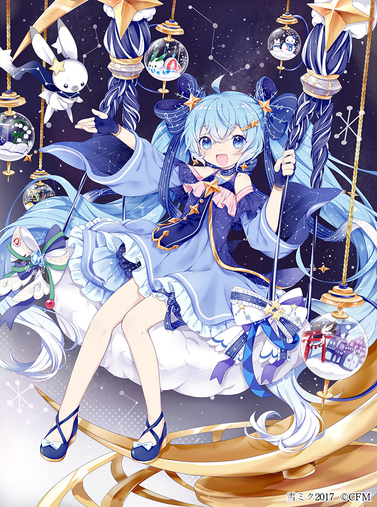 1girl :d ahoge bangs bare_legs bare_shoulders beamed_eighth_notes blue_bow blue_dress blue_eyes blue_footwear blue_gloves blue_hair blue_nails blue_ribbon blue_scarf book bow bunny cloud collarbone commentary constellation constellation_print crossed_bangs daifuku dot_nose dress earrings eighth_note eyebrows_visible_through_hair fang fingerless_gloves fingernails floating flower food footwear_bow frilled_dress frills full_body gloves gold_trim gradient_hair hair_between_eyes hair_bow hair_ornament hairclip hatsune_miku ichigo_daifuku jewelry leg_garter leg_ribbon long_hair long_sleeves looking_at_viewer multicolored_hair musical_note musical_note_print nail_polish neck_ribbon nishina_hima off-shoulder_dress off_shoulder open_book open_mouth ornament outstretched_arm rabbit_yukine ribbon scarf sitting smile snow_bunny snowbell_(flower) snowflakes snowman solo star_(symbol) star_hair_ornament swing torii translation_request treble_clef twintails very_long_hair vocaloid wagashi watermark white_bow white_flower white_hair wide_sleeves yuki_miku yuki_miku_(2017)