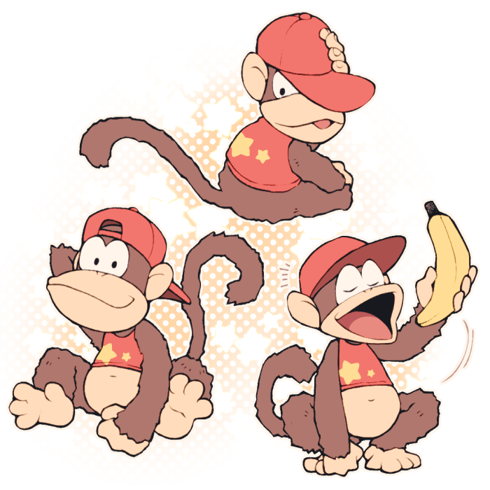 1boy ape banana baseball_cap diddy_kong donkey_kong_(series) donkey_kong_country dual_persona food fruit furry furry_male hat male_focus minashirazu no_humans smile