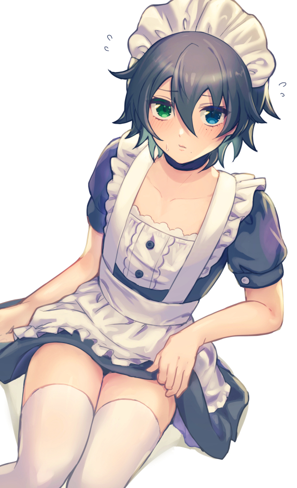 1boy alternate_costume apron bangs black_choker black_dress blue_eyes blush choker closed_mouth collarbone commentary_request crossdressing dress enmaided eyebrows_visible_through_hair flying_sweatdrops frilled_apron frills from_above green_eyes green_hair hair_between_eyes heterochromia hypnosis_mic looking_at_viewer maid maid_apron maid_headdress male_focus mole mole_under_eye mole_under_mouth otoko_no_ko puffy_short_sleeves puffy_sleeves shiny shiny_hair short_dress short_sleeves simple_background sitting solo sweatdrop thighhighs white_background white_legwear yamada_saburou yoruhachi