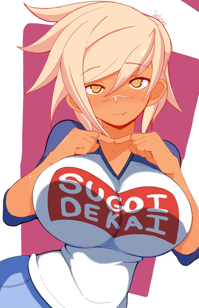 1girl ;3 artist_name blazblue blush breast_squeeze breasts bullet_(blazblue) dark_skin dark_skinned_female eyebrows_visible_through_hair facial_mark fang fingers_together hair_between_eyes highres jellcaps large_breasts looking_at_viewer meme_attire one_eye_closed pants platinum_blonde_hair purple_background scar shirt simple_background skin_fang solo sugoi_dekai white_shirt yellow_eyes