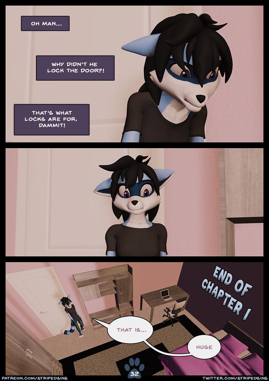 anthro blue_body blue_fur chair clothing comic comic_page comic_panel digitigrade door female fur furniture hi_res mammal procyonid raccoon ryder_(striped_sins) shirt shocked solo striped_sins striped_tail stripes t-shirt text topwear url willitfit worried