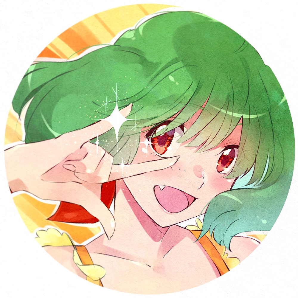 1girl :d anxflower bangs collarbone eyebrows_visible_through_hair fang floating_hair green_hair hair_between_eyes long_hair looking_at_viewer macross macross_delta open_mouth portrait ranka_lee red_eyes round_image seikan_hikou shiny shiny_hair smile solo spaghetti_strap white_background
