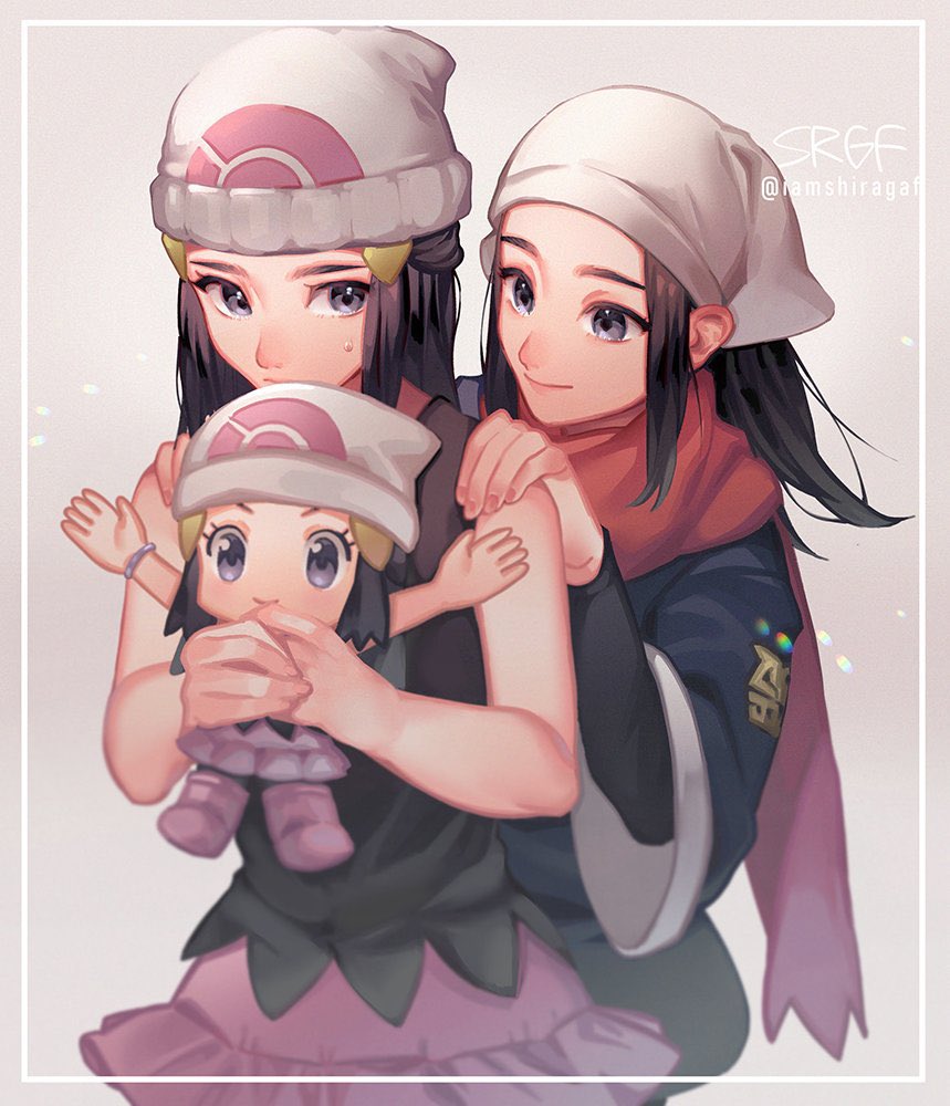 3girls bare_arms beanie black_hair boots bracelet closed_mouth commentary_request dawn_(pokemon) eyelashes female_protagonist_(pokemon_legends:_arceus) framed grey_eyes hair_ornament hairclip hands_on_another's_shoulders hat head_scarf holding jewelry multiple_girls pokemon pokemon_(game) pokemon_bdsp pokemon_dppt pokemon_legends:_arceus raga red_scarf scarf sidelocks smile sweatdrop white_headwear