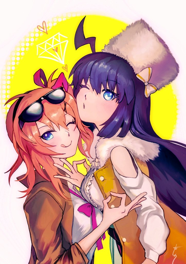 2girls :q ahoge asymmetrical_docking bangs blue_eyes breast_press breasts commentary_request eyewear_on_head fur_collar fur_hat girls_frontline hair_ribbon hat heart jacket kalina_(girls_frontline) long_hair looking_at_viewer medium_breasts money_gesture multiple_girls one_eye_closed orange_hair purple_hair ribbon side_ponytail smile stechkin_(girls_frontline) sunglasses syokumotu_gohan tongue tongue_out upper_body ushanka