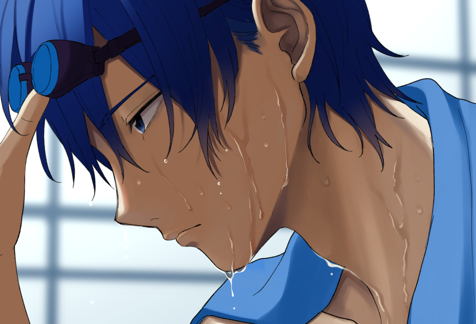 1boy adjusting_goggles blue_eyes blue_hair blurry blurry_background close-up commentary expressionless from_side goggles goggles_on_head half-closed_eyes kaito male_focus nokuhashi profile towel towel_around_neck vocaloid water water_drop wet_face