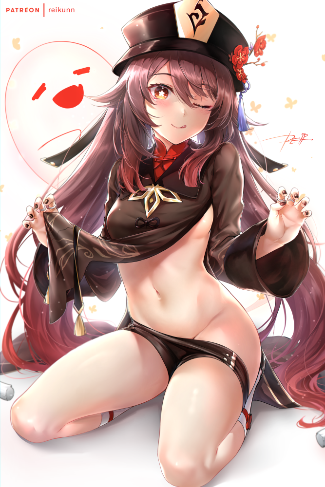 1girl ;q black_headwear black_nails black_shorts breasts brown_hair brown_shirt chinese_clothes closed_mouth collared_shirt flower genshin_impact ghost gradient_hair groin hat hat_flower hu_tao jewelry lifted_by_self long_hair long_sleeves looking_at_viewer medium_breasts micro_shorts midriff multicolored_hair multiple_rings nail_polish navel one_eye_closed plum_blossoms red_eyes red_flower rei_kun ring seiza shirt shirt_lift short_shorts shorts shorts_pull sitting smile socks solo star-shaped_pupils star_(symbol) stomach symbol-shaped_pupils tailcoat thighs tongue tongue_out twintails very_long_hair watermark white_legwear