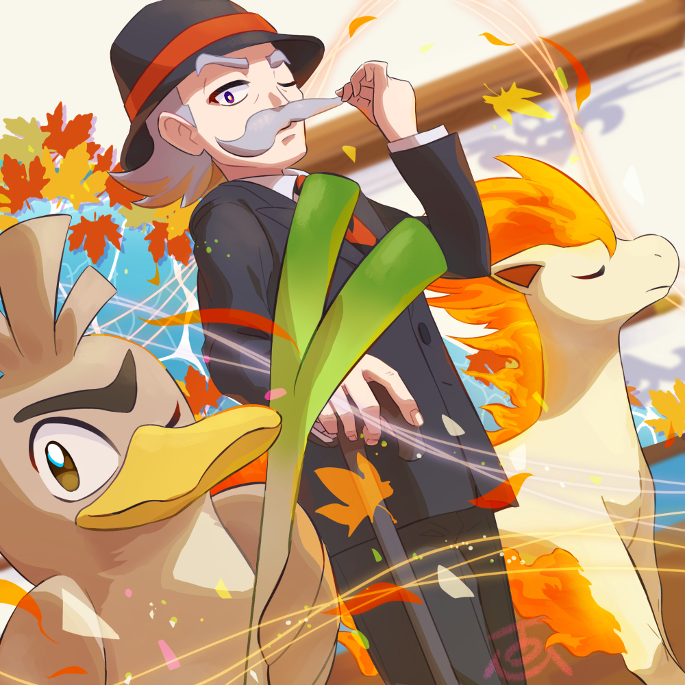 1boy autumn_leaves black_headwear black_pants bright_pupils buttons cane collared_shirt commentary_request facial_hair farfetch'd fire gen_1_pokemon gentleman_(pokemon) grey_hair hat hat_ribbon holding holding_cane jacket long_sleeves looking_at_viewer male_focus mustache necktie one_eye_closed pants pokemon pokemon_(game) pokemon_lgpe ponyta red_neckwear ribbon shirt standing tom_(pixiv10026189) white_shirt