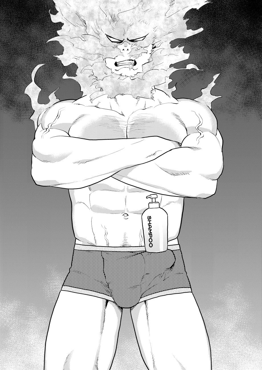 1boy bara boku_no_hero_academia boxer_briefs bulge chest_hair crossed_arms erection erection_under_clothes facial_hair feet_out_of_frame greyscale highres large_pectorals looking_at_viewer male_focus male_underwear mature_male monochrome muscular muscular_male navel object_on_bulge pain-lucky777 shampoo_bottle shampoo_challenge short_hair sideburns solo spiked_hair stubble thick_thighs thighs todoroki_enji underwear underwear_only