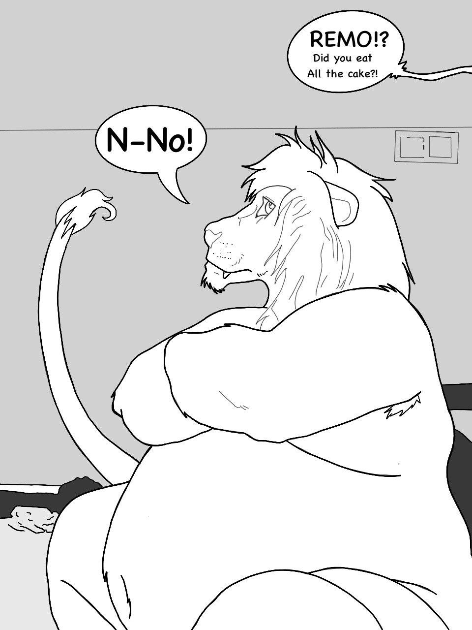 anthro apartment belly big_belly comic_page felid hi_res invalid_tag lion male mammal nude overweight overweight_anthro overweight_male pantherine remoblockade sketch solo