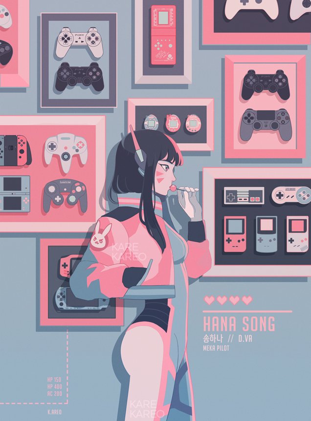 1girl animal_print artist_name black_hair breasts bunny_print candy character_name controller cropped_jacket d.va_(overwatch) dualshock flat_color food game_boy game_boy_advance game_console game_controller gamecube_controller gamepad gloves hand_in_pocket handheld_game_console headphones kamille_areopagita limited_palette lollipop long_hair nintendo nintendo_ds nintendo_switch overwatch pastel_colors pilot_suit playstation playstation_2 playstation_3 playstation_4 playstation_controller playstation_portable sega_mega_drive sega_saturn small_breasts solo sony super_nintendo tamagotchi whisker_markings wireless xbox_360 xbox_one