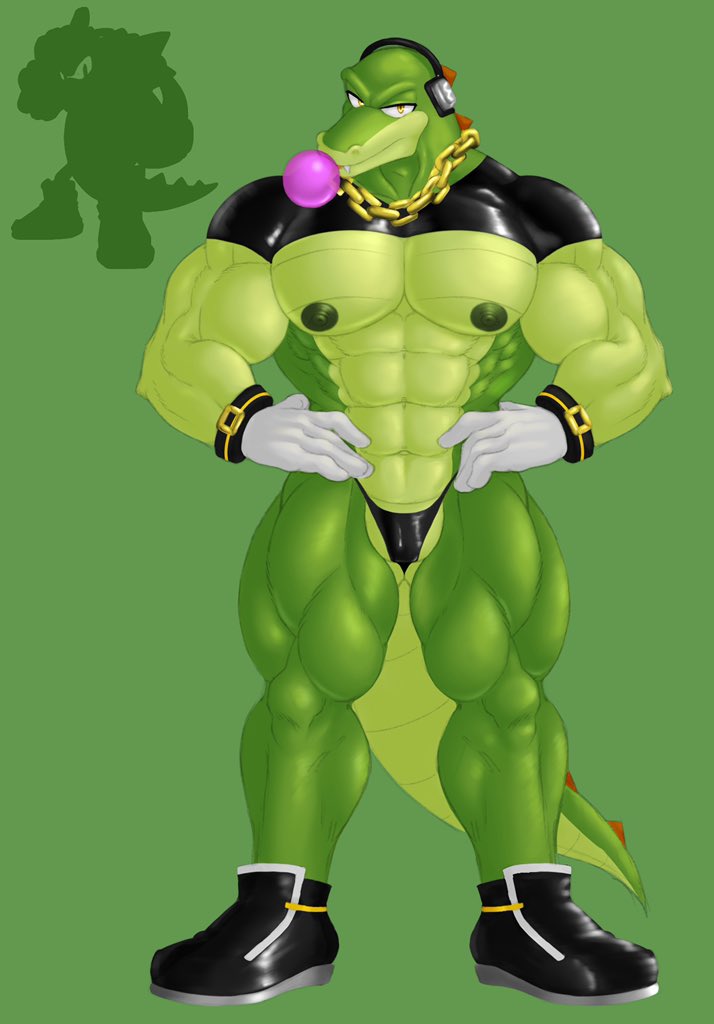 abs anthro black_clothing black_footwear black_shoes black_topwear black_underwear blowing_bubble bubble bubble_gum chain_necklace clothed clothing crocodile crocodilian crocodylid fangs footwear gloves green_body green_scales hands_on_hips handwear headphones hunnipanda looking_at_viewer male muscular muscular_anthro muscular_male nipples pecs reptile scales scalie simple_background solo sonic_the_hedgehog_(series) standing topwear underwear vector_the_crocodile white_clothing white_gloves yellow_eyes