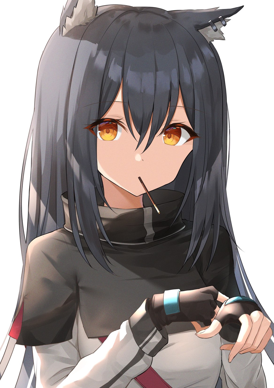 1girl animal_ears arknights bangs black_gloves black_hair breasts closed_mouth eyebrows_visible_through_hair food gloves hair_between_eyes hands_up highres in_mouth kanaria_(kanari_as) long_hair looking_at_viewer orange_eyes pocky shirt simple_background small_breasts solo texas_(arknights) upper_body white_background wolf_ears wolf_girl