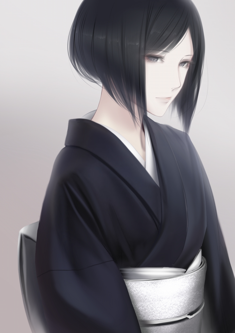 1girl black_eyes black_hair commentary erise funeral_kimono highres japanese_clothes kimono obi original sash short_hair simple_background solo