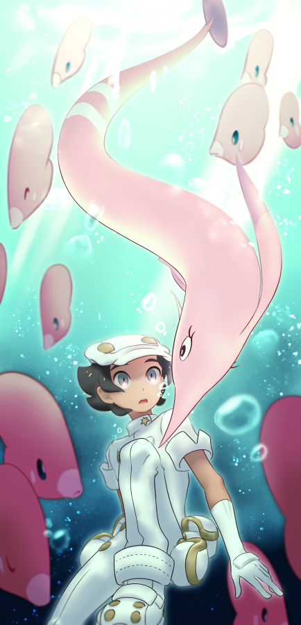 1boy aether_foundation_employee air_bubble bubble gen_3_pokemon gloves gorebyss grey_eyes hat komurapk luvdisc male_focus open_mouth pokemon pokemon_(creature) pokemon_(game) pokemon_sm short_hair short_sleeves tongue turtleneck underwater white_gloves white_headwear