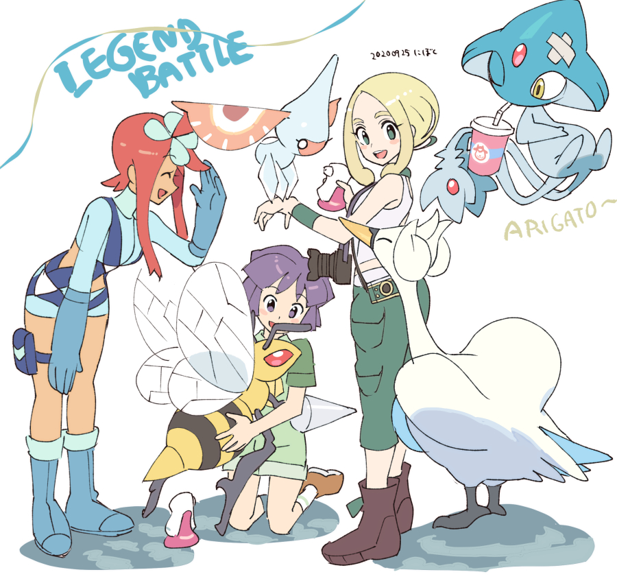 1boy 2girls azelf bandaid beedrill blonde_hair blue_footwear blue_gloves blue_shorts blush boots brown_footwear bugsy_(pokemon) closed_eyes commentary_request crop_top dated drinking drinking_straw gen_1_pokemon gen_3_pokemon gen_4_pokemon gen_5_pokemon gloves green_eyes green_pants green_shirt green_shorts green_wristband gym_leader hair_ornament holding holding_pokemon holster leaning_forward legendary_pokemon masquerain multiple_girls nibo_(att_130) open_mouth pants pokemon pokemon_(creature) pokemon_(game) pokemon_bw pokemon_hgss pokemon_xy purple_eyes purple_hair red_hair shiny shiny_hair shirt shoes short_hair short_hair_with_long_locks short_shorts shorts sidelocks skyla_(pokemon) sleeveless sleeveless_shirt smile standing swanna teeth thigh_holster tongue translation_request viola_(pokemon) white_shirt wristband