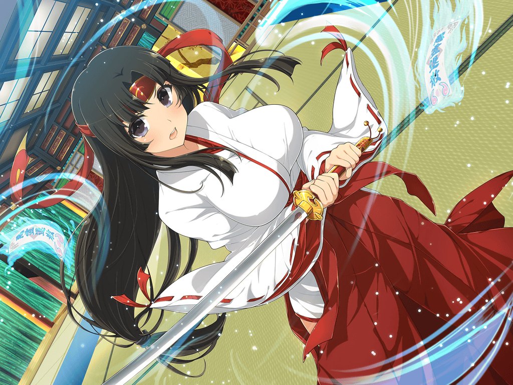 1girl black_hair blush breasts crossover eyebrows_visible_through_hair hakama headband holding holding_sword holding_weapon indoors japanese_clothes katana large_breasts long_hair long_sleeves looking_at_viewer miko musha_miko_tomoe official_art open_mouth purple_eyes queen's_blade red_hakama red_headband senran_kagura senran_kagura_new_link sidelocks solo sword tomoe very_long_hair weapon wide_sleeves yaegashi_nan