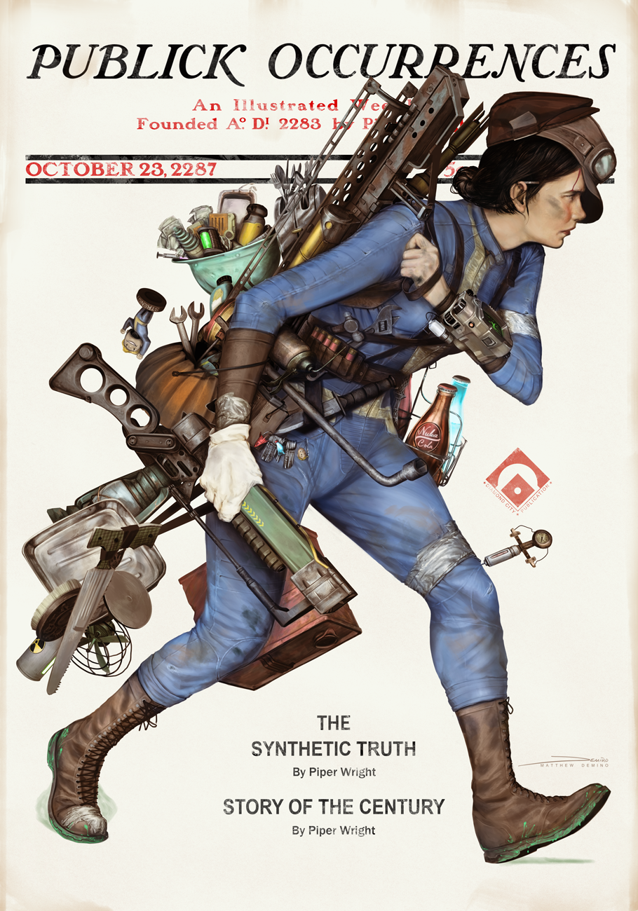 1girl bag bandaged_leg bandages belt black_hair blue_bodysuit bodysuit boots bottle brown_belt brown_footwear brown_headwear canister cartridge_case character_name closed_mouth combat_knife commentary energy_gun energy_weapon english_commentary english_text fallout_(series) fallout_4 fan fat_man_(fallout) fork from_side gloves gun hammer hat highres holding holding_gun holding_weapon key keychain knife lantern laser_rifle lips looking_away matthew_demino medium_hair nuka_cola nuka_cola_quantum parody pip_boy pipe piper_wright shoelaces single_glove solo spoon stimpak_(fallout) strap toaster vault_boy vault_suit walking weapon white_gloves wrench