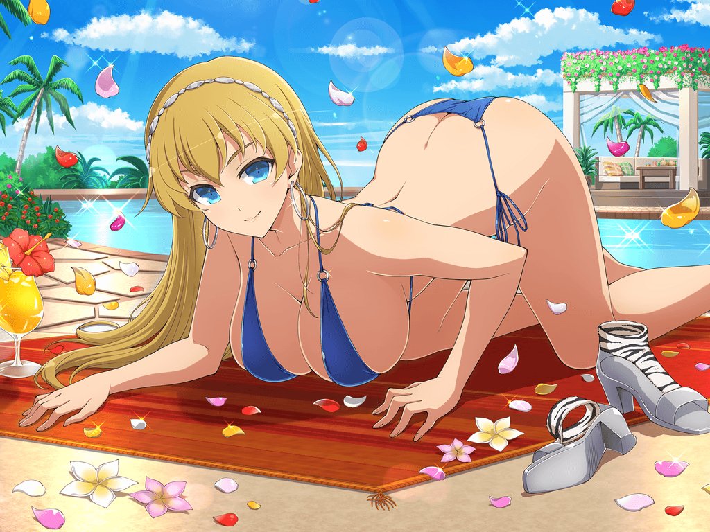 1girl animal_print ass back bikini blonde_hair blue_bikini blue_eyes blue_sky blush breasts cleavage collarbone crossover day drink earrings elina elina_(captain_of_the_royal_guard) footwear_removed glint hairband high_heels hoop_earrings jewelry large_breasts long_hair o-ring o-ring_bikini official_art petals pool queen's_blade senran_kagura senran_kagura_new_link sky smile solo swimsuit thighs tiger_print top-down_bottom-up towel yaegashi_nan