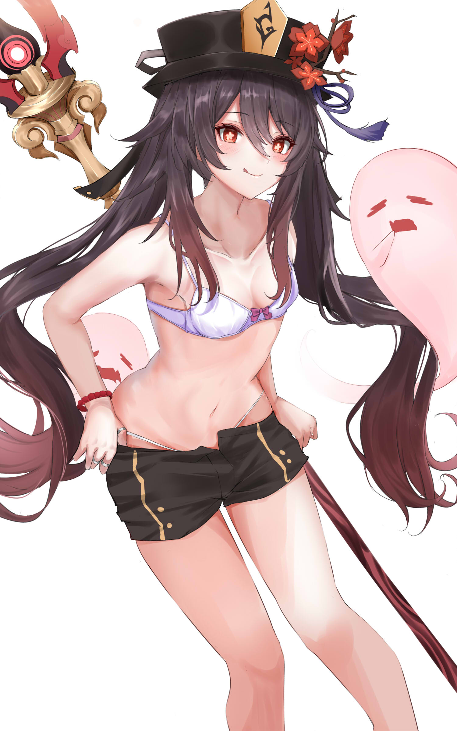 1girl 351_rane absurdres bare_shoulders black_headwear black_shorts bra bracelet brown_hair collarbone flower genshin_impact ghost hat highres hu_tao jewelry long_hair looking_at_viewer navel panties polearm polearm_behind_back red_eyes ring shorts simple_background smile solo stomach symbol-shaped_pupils tongue tongue_out twintails underwear very_long_hair weapon white_background white_panties