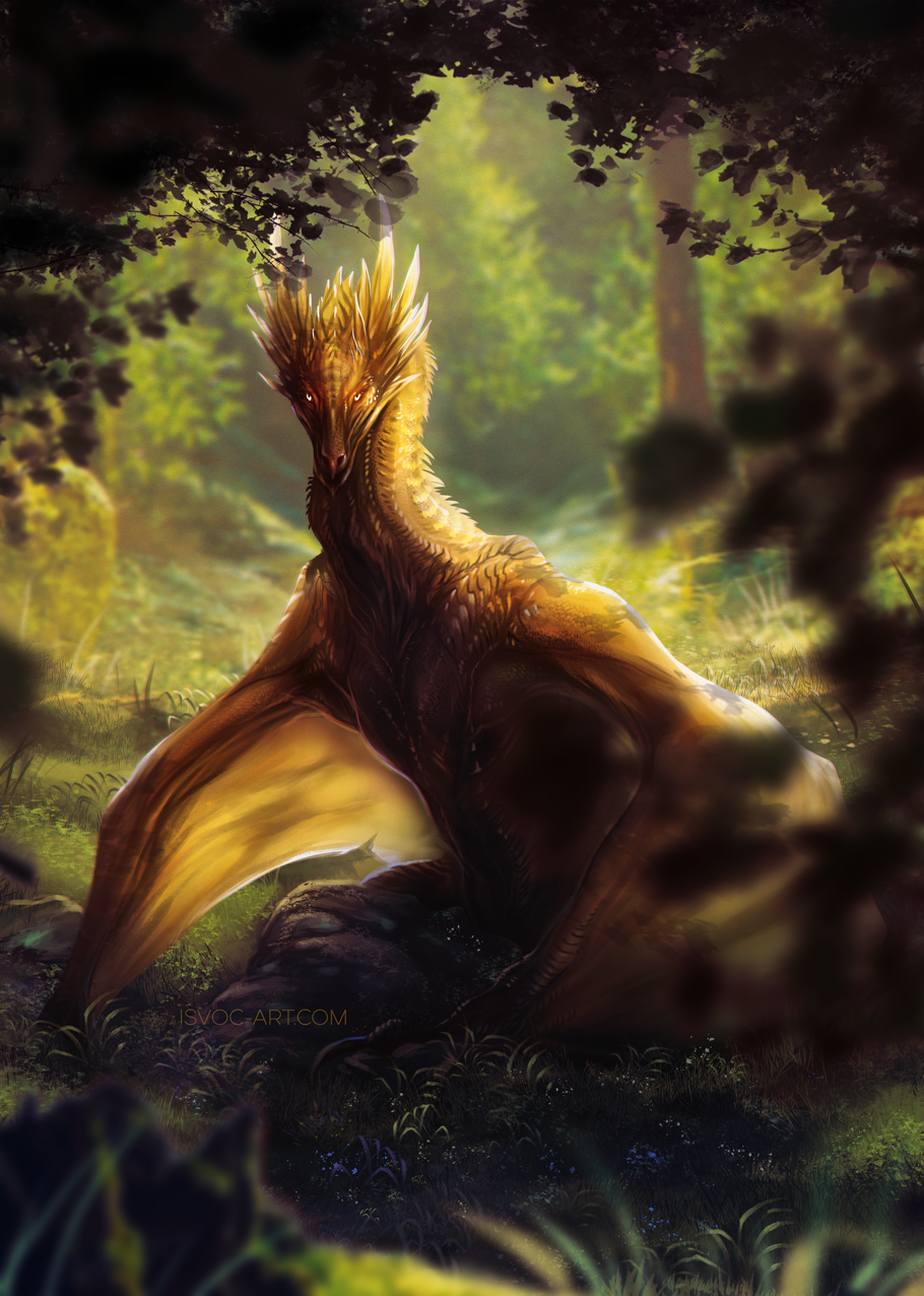 2021 ambiguous_gender day detailed_background digital_media_(artwork) dragon facial_spikes feral flower forest gold_scales grass hi_res isvoc long_neck looking_at_viewer membrane_(anatomy) membranous_wings outside plant scalie shaded solo spikes spikes_(anatomy) tree wings wyvern