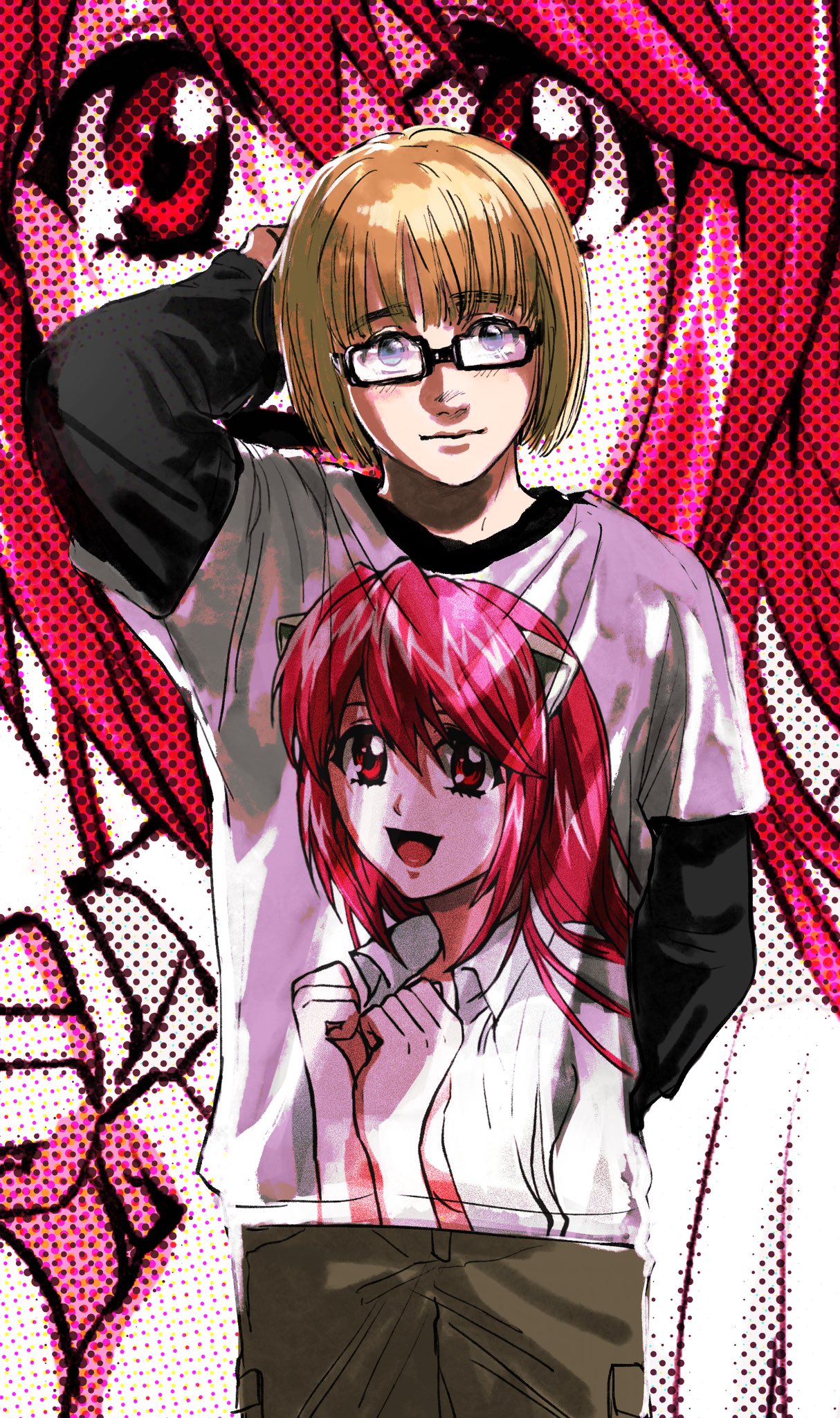 1boy :d arm_behind_back arm_behind_head armin_arlert black_shirt blonde_hair blue_eyes blush brown_pants character_print chiruchiru clenched_hands closed_mouth collared_shirt commentary_request contemporary cowboy_shot elfen_lied eyebrows_visible_through_hair highres horns long_sleeves looking_at_viewer lucy_(elfen_lied) male_focus naked_shirt nyuu open_clothes open_mouth open_shirt pants pink_eyes pink_hair print_shirt shingeki_no_kyojin shirt smile solo standing thick_eyebrows white_shirt zoom_layer