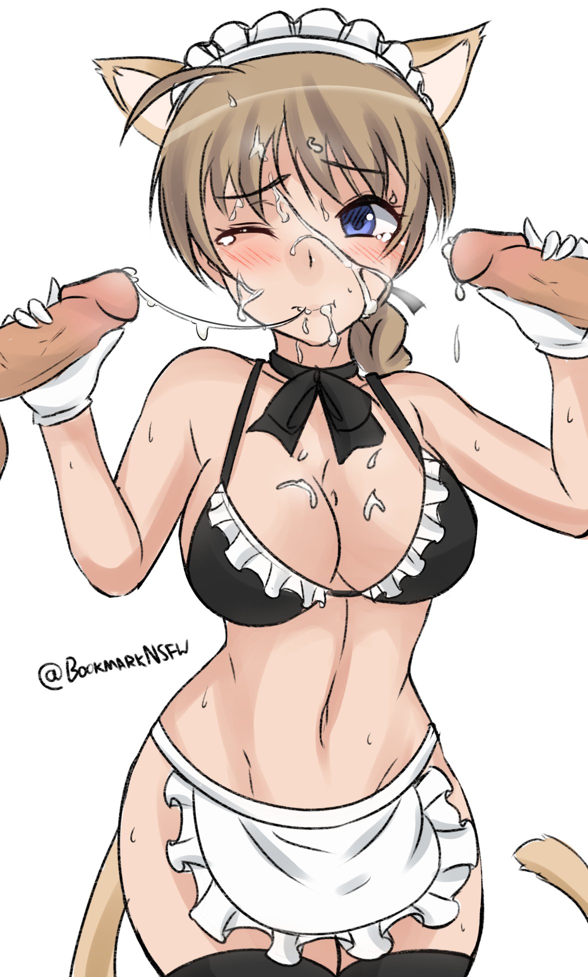 1girl 2boys ahoge alternate_costume animal_ears apron bikini black_ribbon blonde_hair blue_eyes blush bookmarkahead breasts cat_ears cat_girl cat_tail cleavage cum cum_in_mouth cum_on_body cum_on_breasts cum_on_hair double_handjob enmaided eyebrows_visible_through_hair facial gloves groin group_sex handjob hetero highres large_breasts long_braid looking_to_the_side lynette_bishop maid maid_apron maid_bikini maid_headdress mmf_threesome multiple_boys multiple_handjob multiple_penises navel one_eye_closed penis ribbon solo_focus strike_witches swimsuit tail threesome twitter_username white_gloves world_witches_series