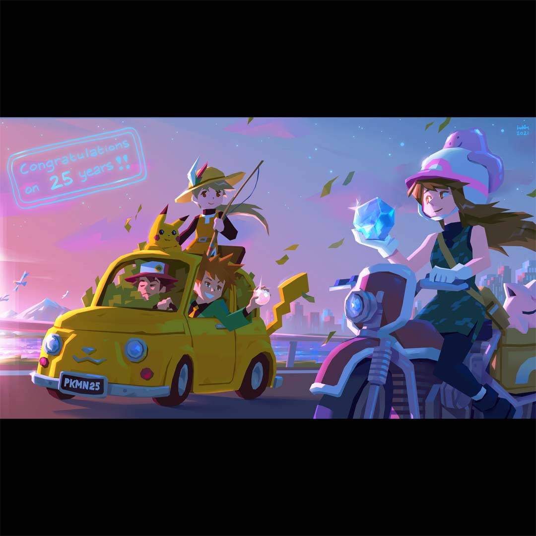 2boys 2girls anniversary arsene_lupin_iii arsene_lupin_iii_(cosplay) black_hair blue_oak brown_hair car city cosplay diamond_(gemstone) ditto dollar_bill driving fishing_rod formal gen_1_pokemon gen_3_pokemon green_(pokemon) green_suit ground_vehicle hat helmet jigen_daisuke jigen_daisuke_(cosplay) jigglypuff lake leonard_hung lupin_iii money motor_vehicle motorcycle mountain multiple_boys multiple_girls necktie parody pearl_(gemstone) pikachu pokemon pokemon_adventures red_(pokemon) riding smile sparkle straw_hat suit sunset wingull yellow_(pokemon)