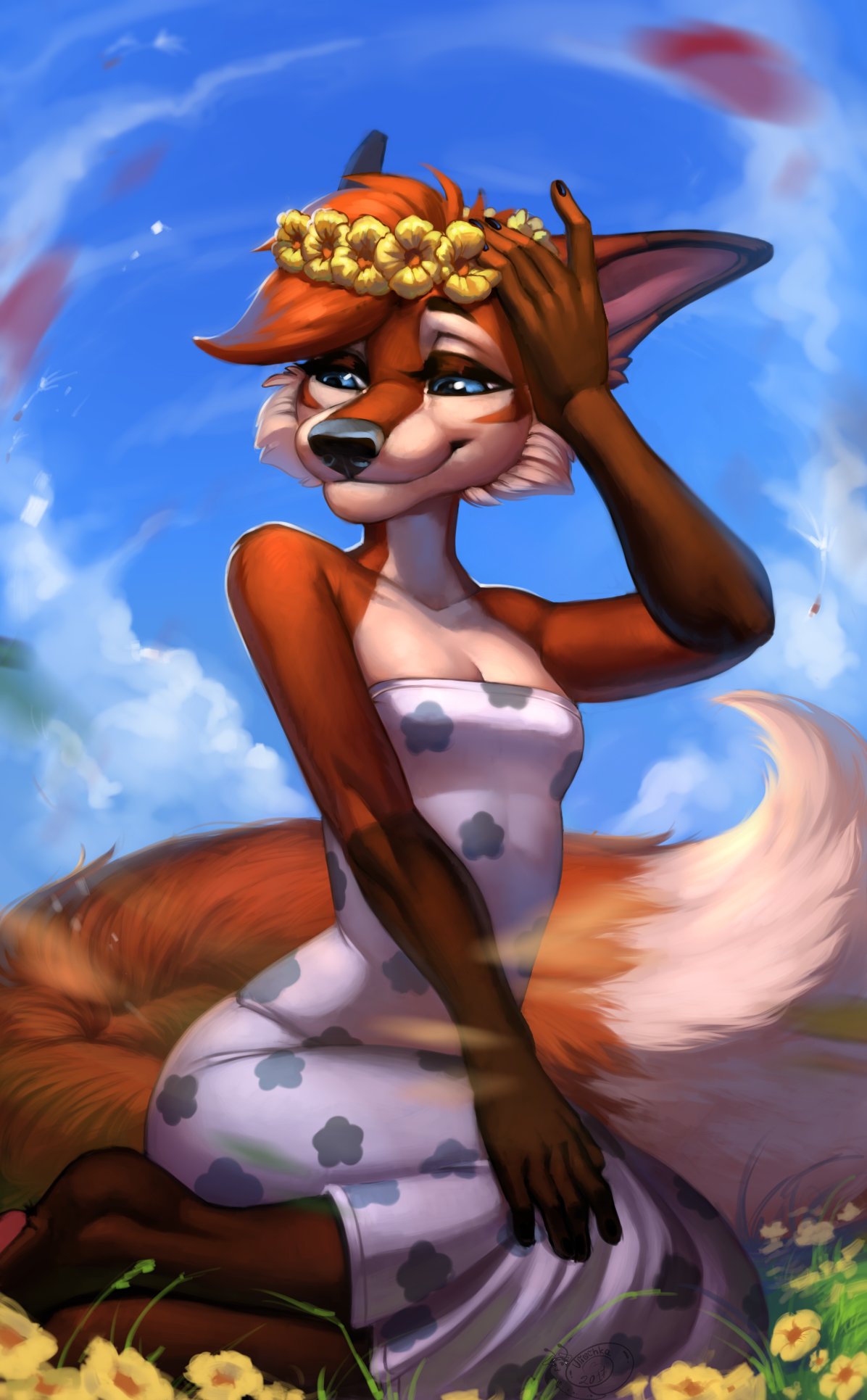 anthro blue_eyes breasts canid canine canis clothed clothing digital_media_(artwork) dress female flower flower_crown fur hi_res mammal plant rue shaded small_breasts smile solo sundress ulitochka wolf