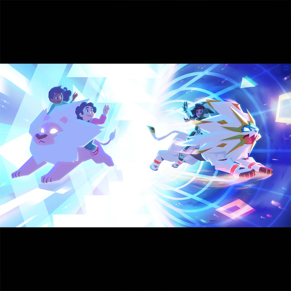 1boy 2girls connie_maheswaran crossover dark_skin dark_skinned_female gen_7_pokemon glowing glowing_eyes legendary_pokemon leonard_hung lion lion_(steven_universe) looking_at_another multiple_girls pokemon pokemon_(creature) pokemon_(game) pokemon_usum riding selene_(pokemon) smile solgaleo steven_quartz_universe steven_universe tail trait_connection waving wormhole