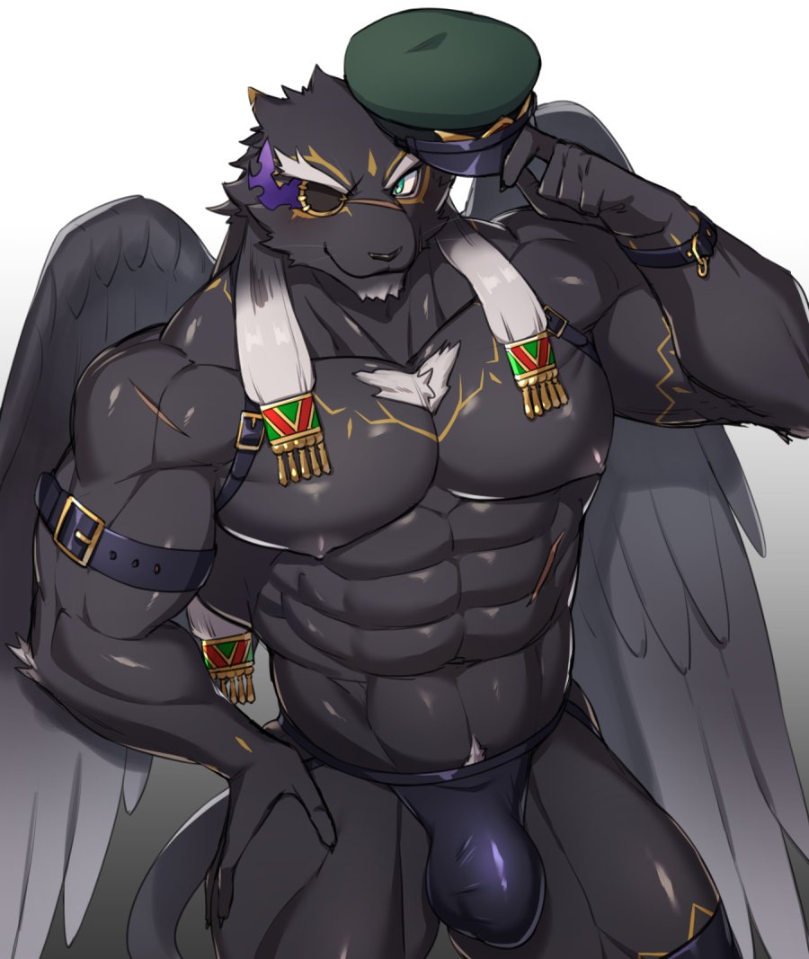 2021 aaassstaro abs anthro black_body black_fur bulge clothing eye_patch eyewear feathered_wings feathers felid fur hat headgear headwear leather_straps male mammal muscular muscular_anthro muscular_male nipples pantherine pecs simple_background solo tezcatlipoca tokyo_afterschool_summoners video_games wings