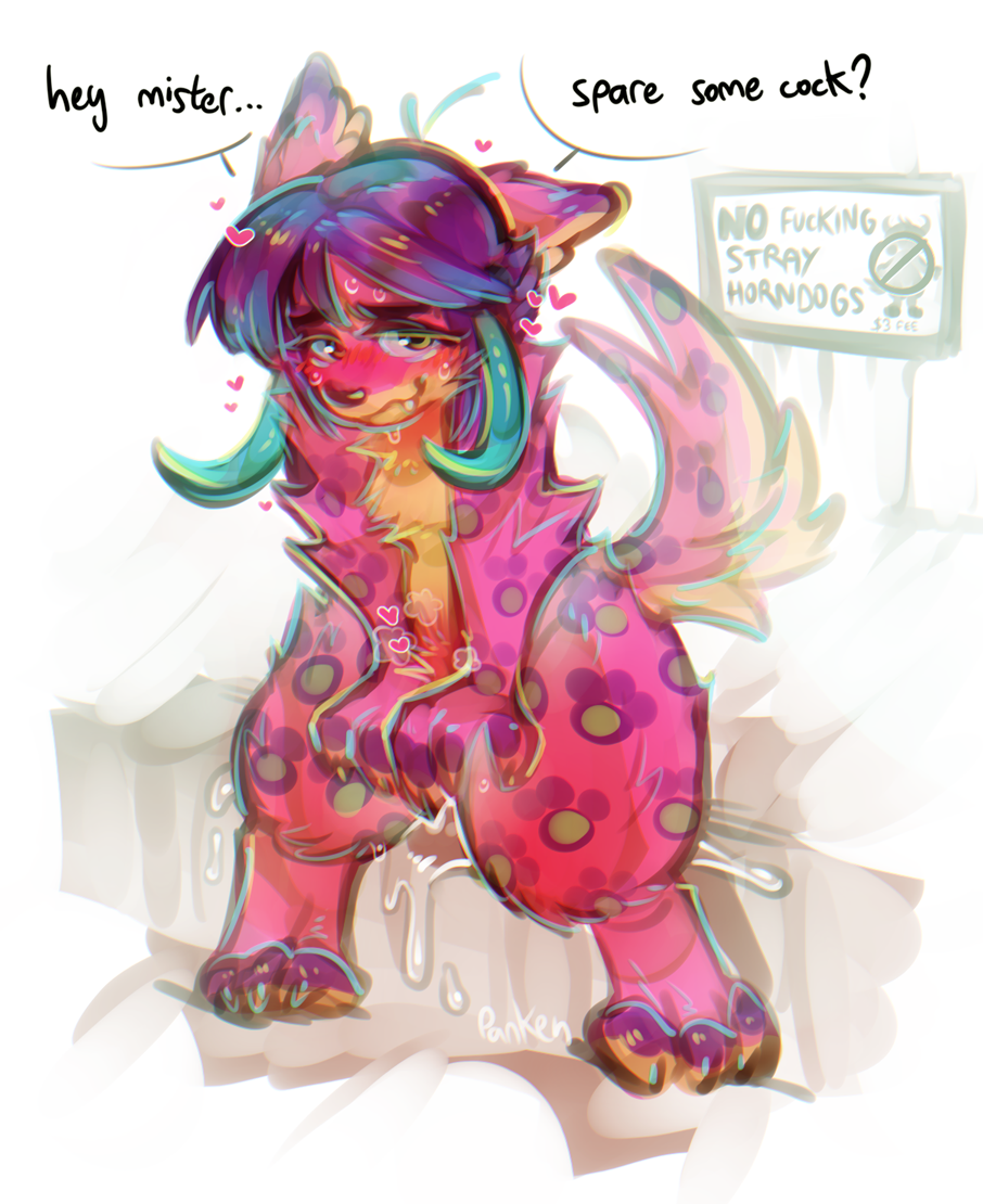 &lt;3 2019 ambiguous_gender anthro bedroom_eyes biped bodily_fluids canid claws dialogue english_text fluffy fur hair half-closed_eyes horndog_(species) inviting lust mammal multicolored_hair narrowed_eyes panken paws pink_body pink_fur purple_hair seductive sign solo spots talking_to_viewer teeth text yellow_eyes