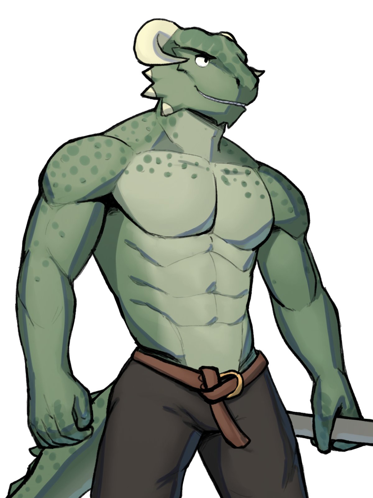 2020 abs anthro argonian belt bethesda_softworks biceps bottomwear clothed clothing derkeethus green_body green_scales grin hi_res holding_object horn jrjresq male muscular muscular_anthro muscular_male open_mouth pants pecs portrait scales scalie sharp_teeth simple_background smile solo spikes spikes_(anatomy) standing teeth the_elder_scrolls three-quarter_portrait topless triceps video_games white_background