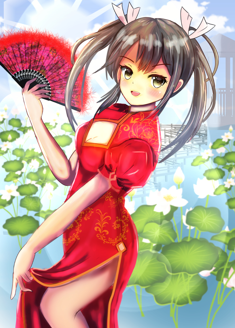 1girl blue_sky breasts china_dress chinese_clothes cleavage cleavage_cutout clothing_cutout cloud commentary_request day dress fan flower folding_fan green_eyes grey_hair kantai_collection lily_(flower) lily_pad long_hair looking_at_viewer medium_breasts outdoors red_dress side_slit sky solo twintails water ynos zuikaku_(kancolle)