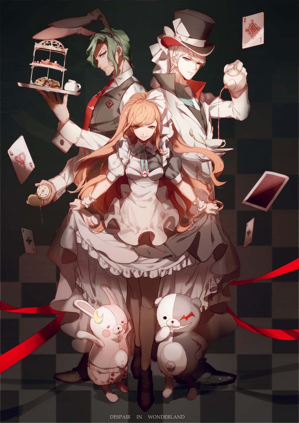 1girl 2boys alice_in_wonderland alternate_costume animal_ears apron bangs black_footwear black_headwear black_vest brown_hair brown_legwear bunny_ears card checkered checkered_floor commentary_request cosplay cup danganronpa_(series) danganronpa_3_(anime) diaper dress english_text fake_animal_ears food frilled_dress frills green_eyes green_hair grey_hair hair_ribbon hat high_ponytail highres holding holding_tray jacket long_hair mad_hatter mad_hatter_(cosplay) monokuma monomi_(danganronpa) multiple_boys munakata_kyousuke no-kan orange_hair pantyhose playing_card ponytail red_neckwear ribbon sakakura_juuzou shoes smile tie_clip top_hat tray vest white_apron white_jacket yukizome_chisa