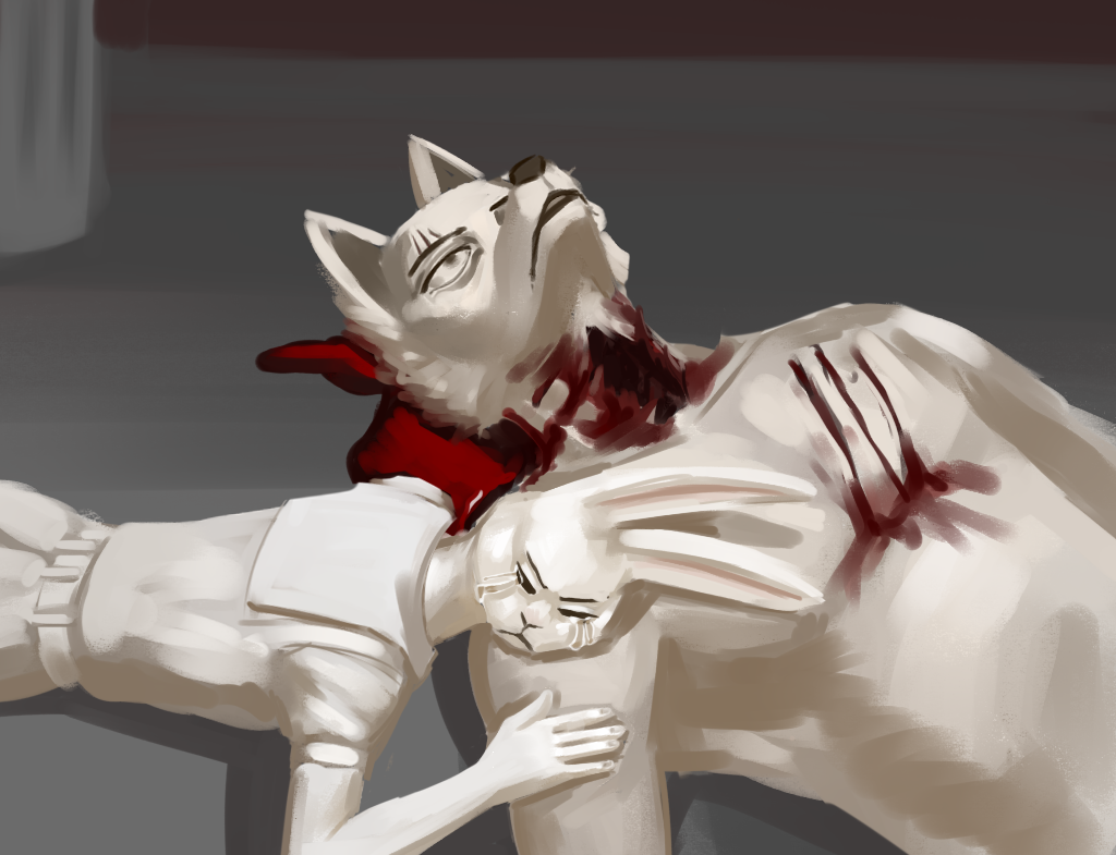 2021 anthro bare_chest beastars black_nose blood blood_from_neck blood_on_ground bodily_fluids canid canine canis chest_wound clothed clothing crying death digital_media_(artwork) digital_painting_(artwork) domestic_rabbit dress duckhere duo dwarf_rabbit female fur gore hand_on_arm haru_(beastars) head_on_shoulder lagomorph legoshi_(beastars) leporid lying male male/female mammal mourning neck_wound on_back on_front oryctolagus rabbit school_uniform scratches tears topless topless_male tragedy uniform white_body white_fur wolf wounded