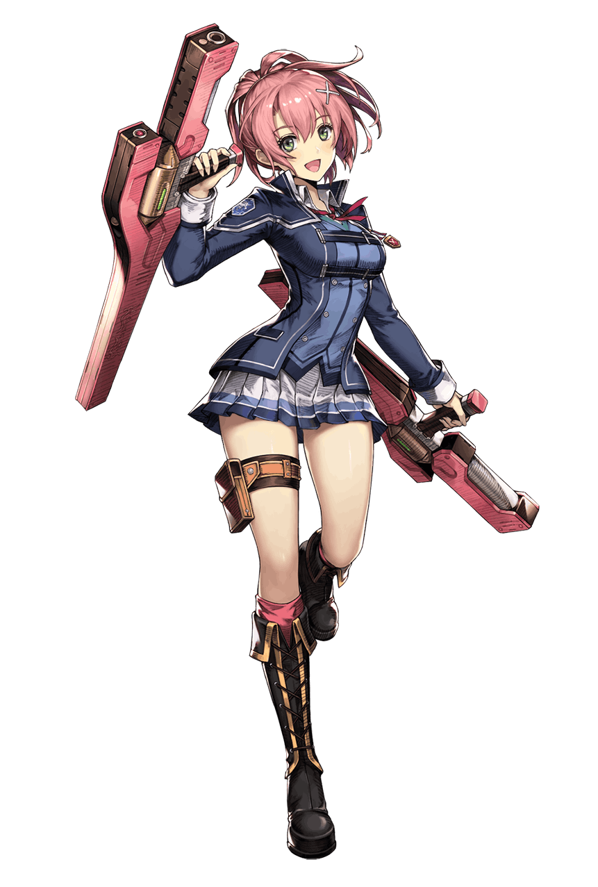 1girl black_footwear blue_jacket blue_vest boots breasts brown_dust collared_shirt contrapposto cross-laced_footwear crossover dual_wielding eiyuu_densetsu eyebrows_visible_through_hair eyelashes full_body green_eyes hair_between_eyes hair_ornament hajimari_no_kiseki highres holding jacket juna_crawford knee_boots kneehighs long_sleeves looking_at_viewer medium_breasts miniskirt neck_ribbon official_art open_clothes open_jacket open_mouth pink_hair pink_legwear pleated_skirt red_neckwear red_ribbon reverse_grip ribbon sen_no_kiseki shirt short_hair simple_background skirt smile solo standing standing_on_one_leg tachi-e thigh_pouch thigh_strap thighs tonfa uniform vest weapon white_background white_shirt white_skirt x_hair_ornament